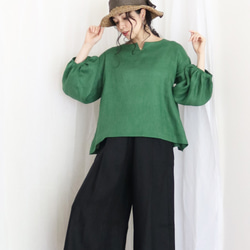 [深綠色] 閃亮的中等重量100%亞麻泡泡袖套頭衫♥ 第5張的照片