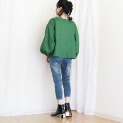 [深綠色] 閃亮的中等重量100%亞麻泡泡袖套頭衫♥ 第6張的照片