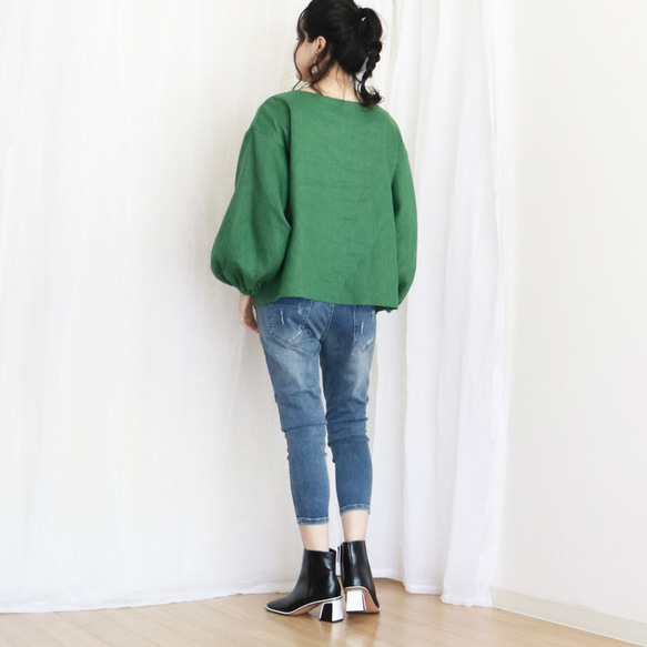 [深綠色] 閃亮的中等重量100%亞麻泡泡袖套頭衫♥ 第6張的照片