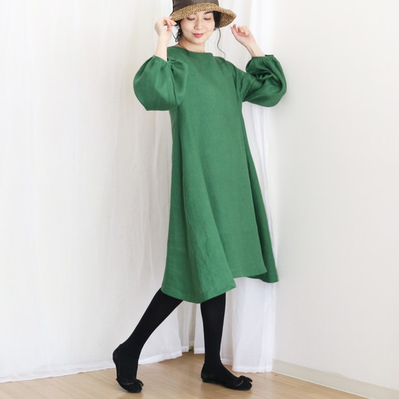 春季【墨綠】100%優質亞麻泡泡袖蓬鬆A字洋裝♥ 第4張的照片