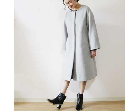New冬【ライトグレー】ウール生地ゆったりリラックス♪2wayロングコート 2枚目の画像
