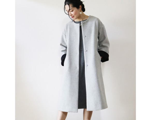 New冬【ライトグレー】ウール生地ゆったりリラックス♪2wayロングコート 4枚目の画像