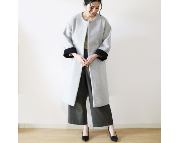 New冬【ライトグレー】ウール生地ゆったりリラックス♪2wayロングコート 3枚目の画像
