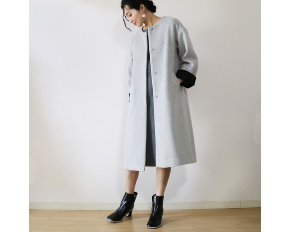 New冬【ライトグレー】ウール生地ゆったりリラックス♪2wayロングコート 7枚目の画像