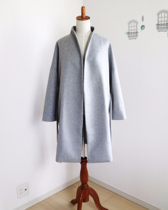 新作【ライトグレー】ウールノーカラーウエストベルト付コート
