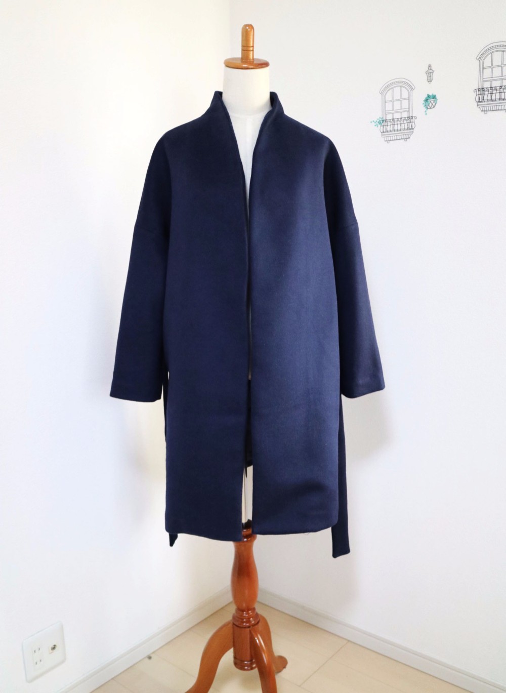 【ネイビー】ウールノーカラーウエストベルト付コート♥