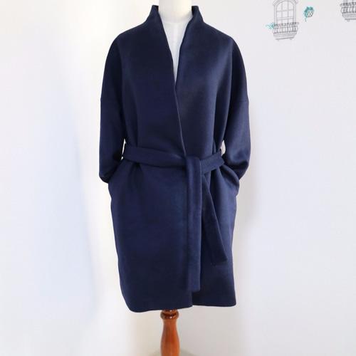 ネイビー】ウールノーカラーウエストベルト付コート♥ コート