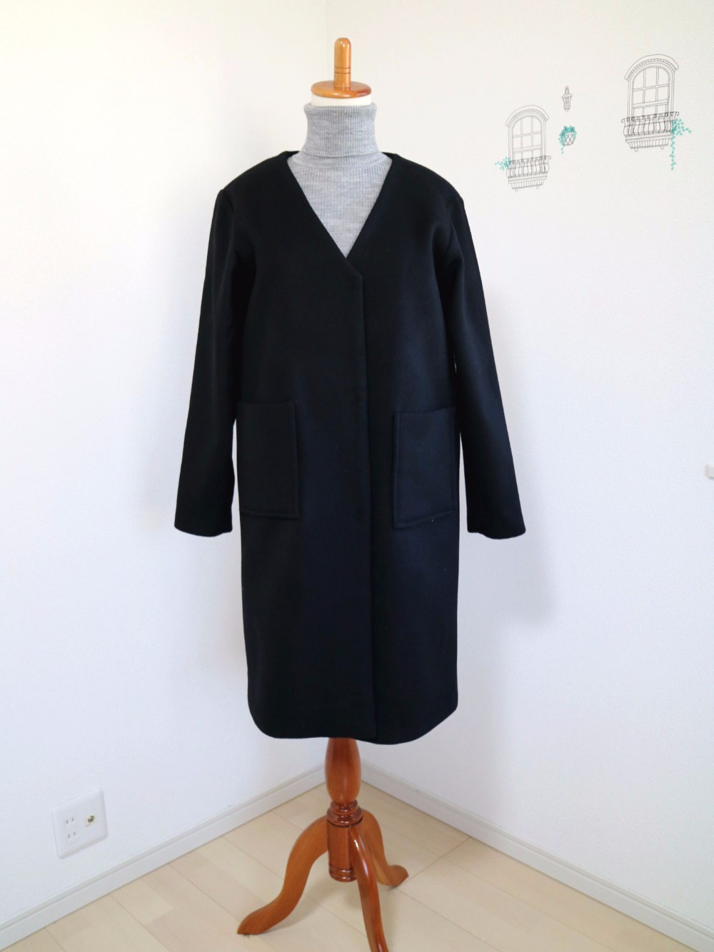 【ブラック】ウール80%ポケット付きＶネックコート♥