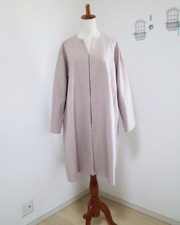 [新顏色：灰粉色]半亞麻優雅的喇叭形外套。 第4張的照片
