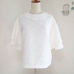 新品【白色】100%亞麻喇叭袖套頭衫♥ 第1張的照片