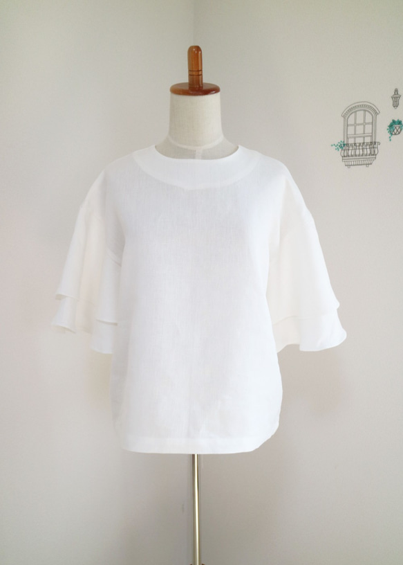 新品【白色】100%亞麻喇叭袖套頭衫♥ 第1張的照片