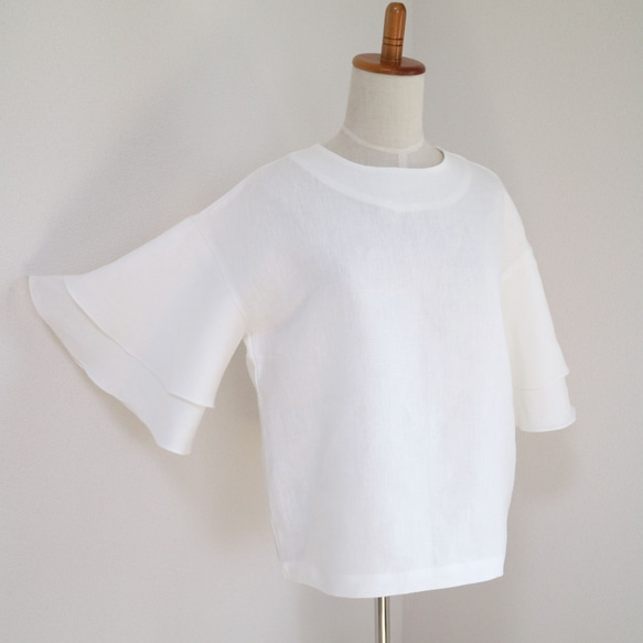 新商品 [白色] 100% 亞麻喇叭袖套頭衫 ♥ 第2張的照片