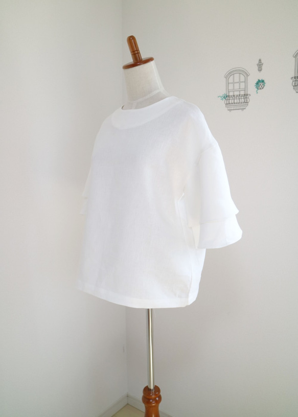 新品【白色】100%亞麻喇叭袖套頭衫♥ 第4張的照片