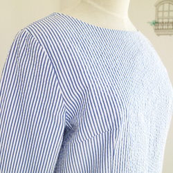 【凹凸棉足球】藍色條紋圖案腰部開關連衣裙♥ 第3張的照片