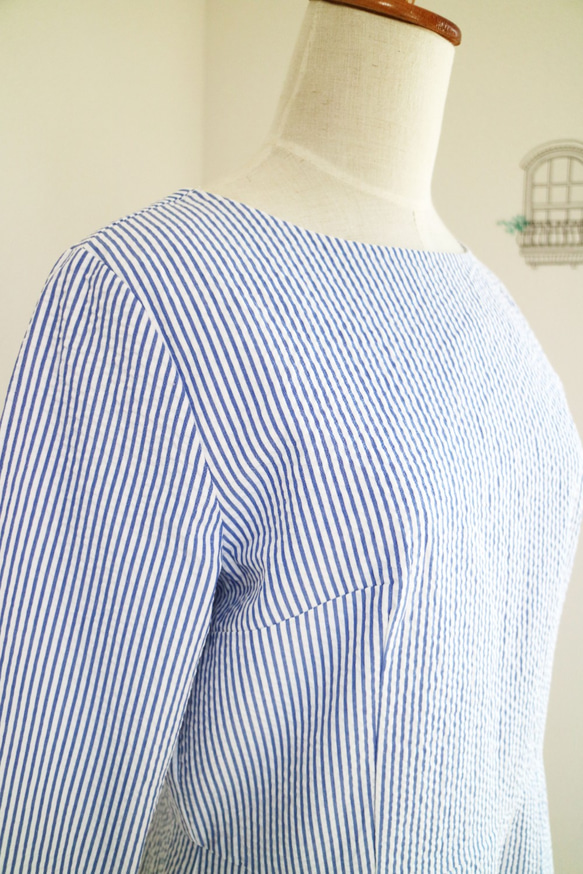 【凹凸棉足球】藍色條紋圖案腰部開關連衣裙♥ 第3張的照片