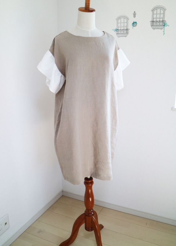 新作品【greige x white】法式亞麻100%荷葉邊袖連衣裙♪ 第2張的照片