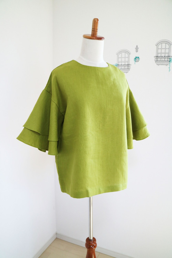 新品【黃綠】100%亞麻喇叭袖套頭衫♥ 第2張的照片