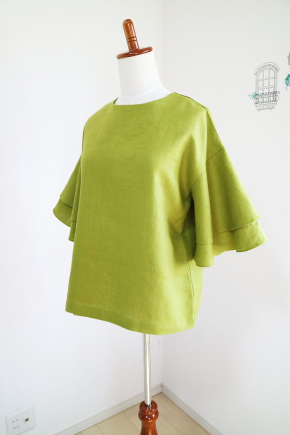 新品【黃綠】100%亞麻喇叭袖套頭衫♥ 第3張的照片