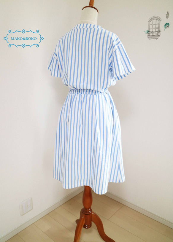【棉質面料】天藍色條紋圖案西彈力襯衫風格連衣裙♥ 第5張的照片