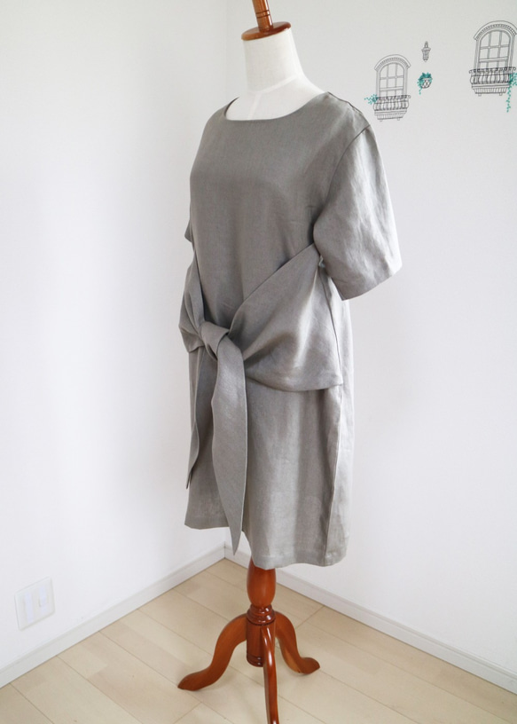 新品【100%棕灰色亞麻】2way前後結繭洋裝❤︎ 第3張的照片
