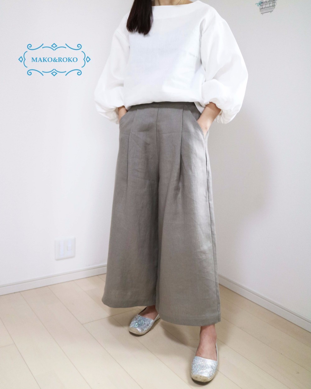 Newブラウングレー【リネン100％】ウエスト後ろゴム＆タック入りワイドパンツ♥