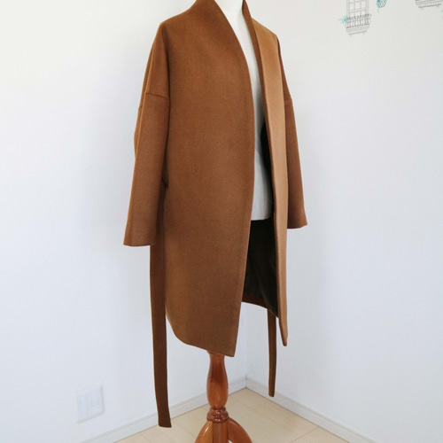 New【キャメル】ウールノーカラーウエストベルト付コート♥ コート
