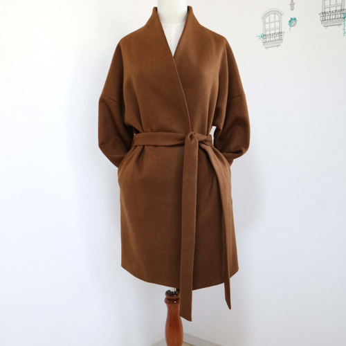 New【キャメル】ウールノーカラーウエストベルト付コート♥ コート