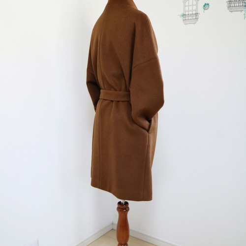 New【キャメル】ウールノーカラーウエストベルト付コート♥ コート