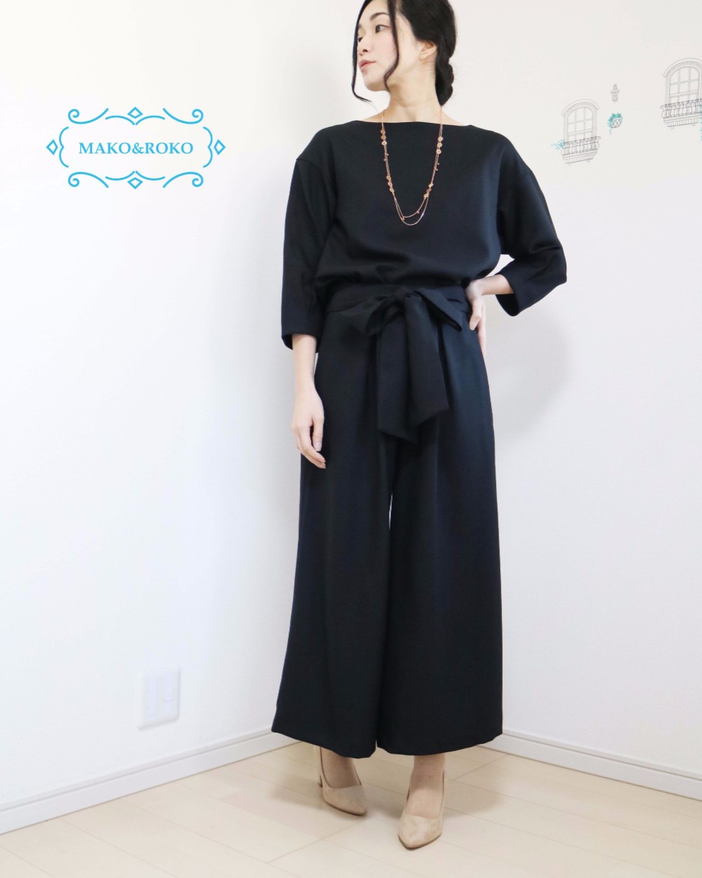 セットアップ【ブラック】洗えるウール混合変形袖プルオーバー＆後ろゴム入りタックワイドパンツ☆