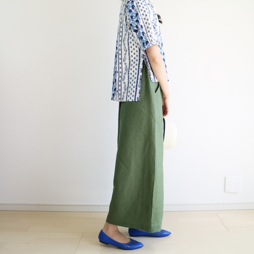 Newモスグリーン【リネン100％】ウエスト後ろゴム＆タック入りワイド