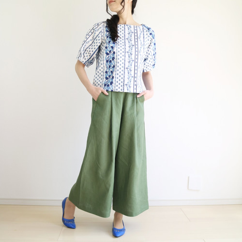 Newモスグリーン【リネン100％】ウエスト後ろゴム＆タック入りワイド