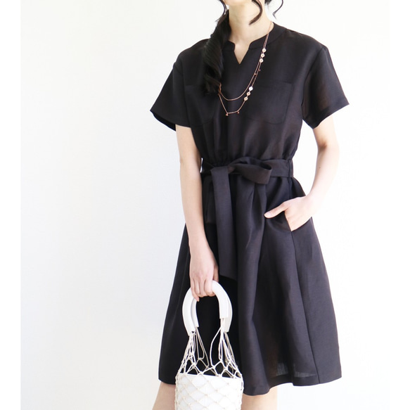新商品♪【黑色】100%亞麻鬆緊帶襯衫式洋裝♥ 第3張的照片