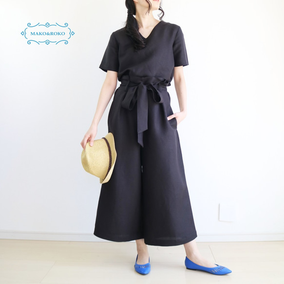 新品【套裝】100%亞麻V領上衣&amp;高腰蝴蝶結寬褲♥ 第1張的照片