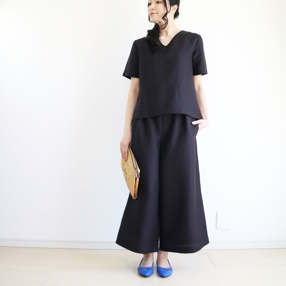 新品【套裝】100%亞麻V領上衣&amp;高腰蝴蝶結寬褲♥ 第2張的照片