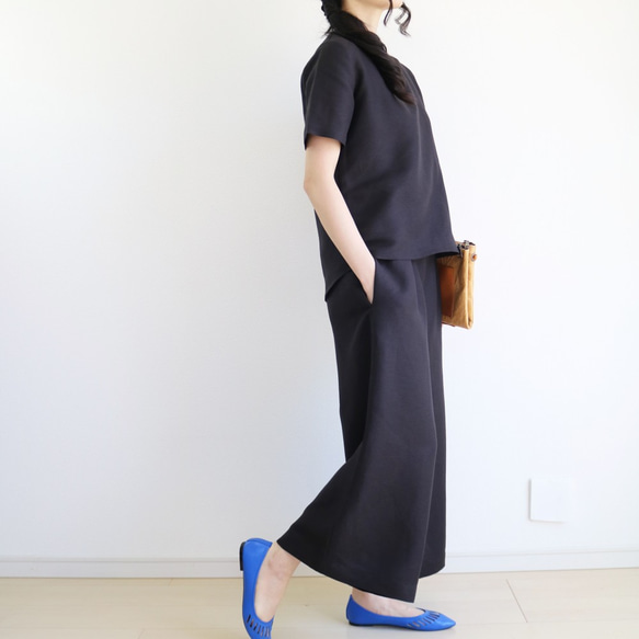 新品【套裝】100%亞麻V領上衣&amp;高腰蝴蝶結寬褲♥ 第4張的照片