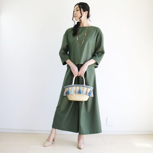 通販 公式サイト - 驚きの激安価格 春夏【カーキ】洗える涼感プルオーバー＆リボン付きロングワイド スーツ・フォーマル・ドレス