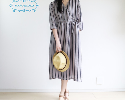 MAKO & ROKO リネン カシュクール風 ドロスト ワンピース グレージュ MAKO & ROKO リネン カシュクール風 ドロスト ワンピース
