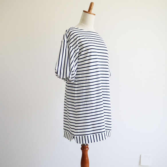 新色【白色 x 海軍藍】100% 棉氣球袖連衣裙帶邊框針織口袋♥ ︎ 第2張的照片