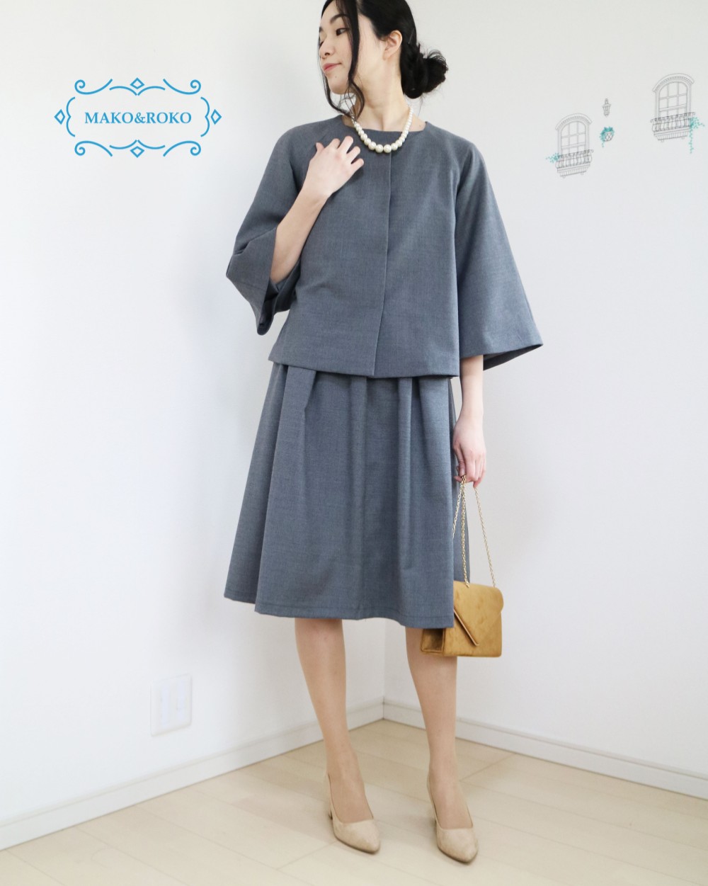 セットアップ【チャコールグレー】洗える切替えワンピース＆Ａラインジャケット♥