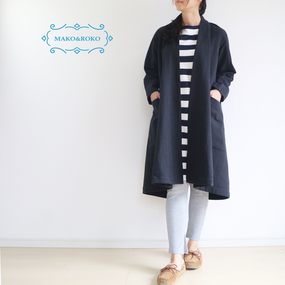 パドカレ pas de calais 先染めリネンノーカラーロングコート 36