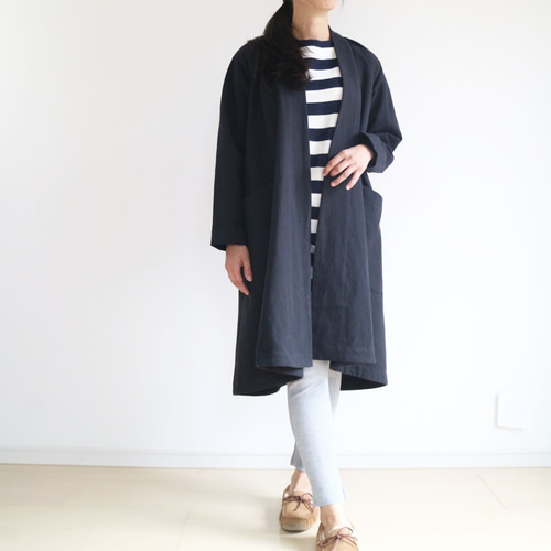 試着のみ！CLOTH＆CROSS リネンガウンコート　ウエストリボンリネンコート 春秋【ブラック】コットンリネン後ろ丈長めドレープガウンコート