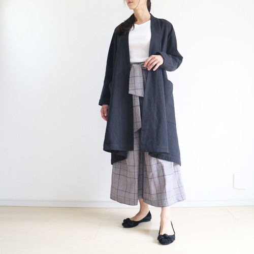 春秋【ブラック】コットンリネン後ろ丈長めドレープガウンコート