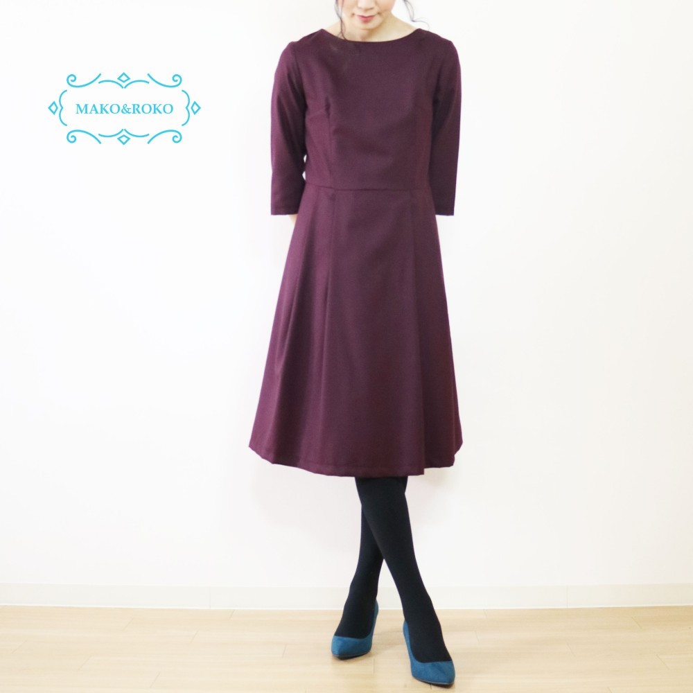 フォーマル袖丈選べる【ワインレッド】ウール混ウエスト切替えワンピース♥
