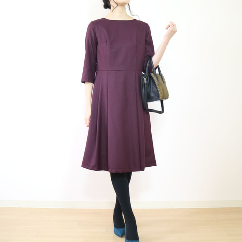 美品＊ロワズィール ウール混切替ロングワンピース ワイン×チェック Aライン フォーマル袖丈選べる【ワインレッド】ウール混ウエスト切替え