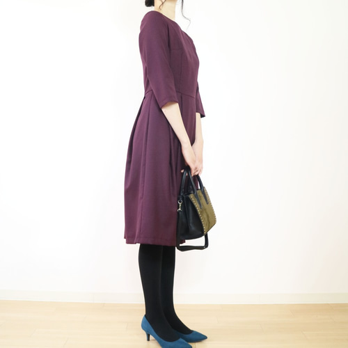 美品＊ロワズィール ウール混切替ロングワンピース ワイン×チェック Aライン フォーマル袖丈選べる【ワインレッド】ウール混ウエスト切替え