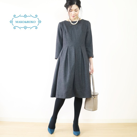 秋冬新款[深色木炭灰]人字紋羊毛腰間切換連衣裙❤︎ 第1張的照片