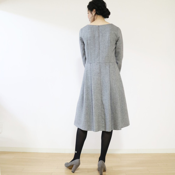 秋冬新品【淺灰色】奢華人字紋羊毛正裝收腰洋裝♥ 第5張的照片