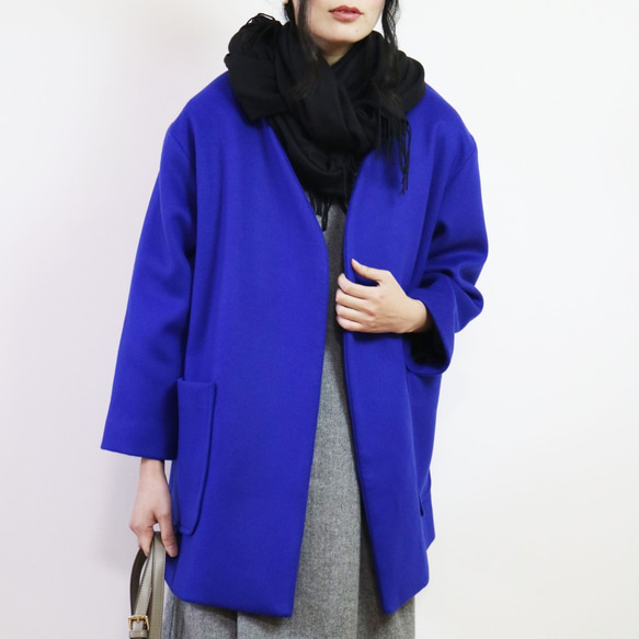 新款【寶藍色】羊毛材質無領腰帶大衣★ 第5張的照片