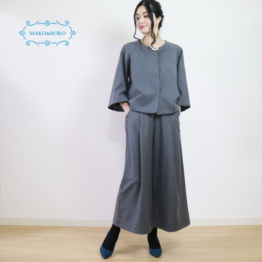 set【チャコールグレー】洗えるＡラインラグランスリーブジャケット＆後ろゴムタック入りワイドパンツ♥