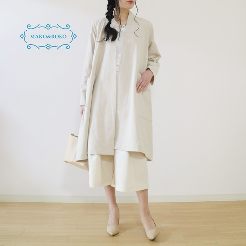 New春夏【ナチュラル】コットンリネン後ろ丈長めドレープガウンコート